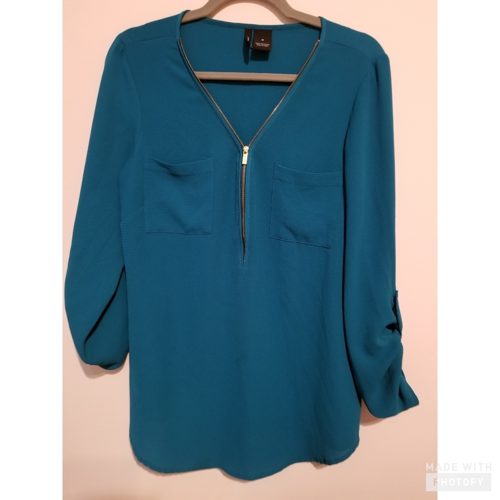 Teal blue mid sleeve tunic women's shirt